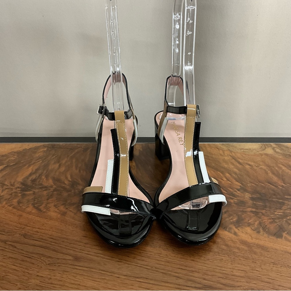 Marisa Rey Black, Tan, and White Patent Leather Sandal, New in Box - Picture 5 of 8
